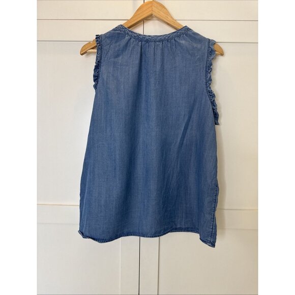 Time andTru Womens Ladies Blue Chambray Sleeveless Ruffle Blouse Top Size Large - Picture 6 of 10